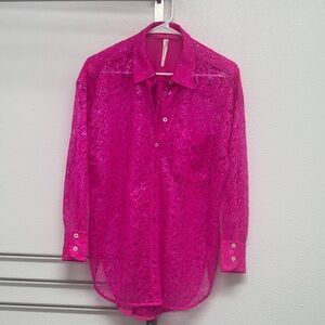 Anthropology hot pink sparkly button up lace shirt